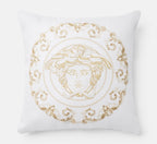 Versace Cushion Pillow in White Cotton Canvas Gold Medusa Embroidery 45cm 17.7"