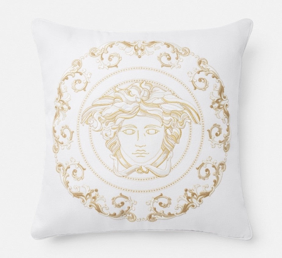 Versace Cushion Pillow in White Cotton Canvas Gold Medusa Embroidery 45cm 17.7"