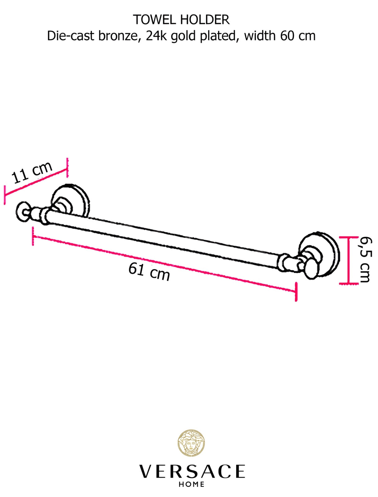 Versace Classic Towel Bar 60cm 23.5 in. Gold Finish Signature Medusa Details
