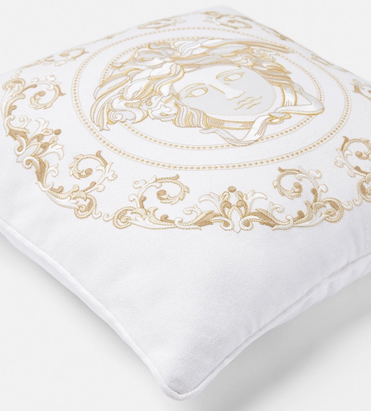 Versace Cushion Pillow in White Cotton Canvas Gold Medusa Embroidery 45cm 17.7"