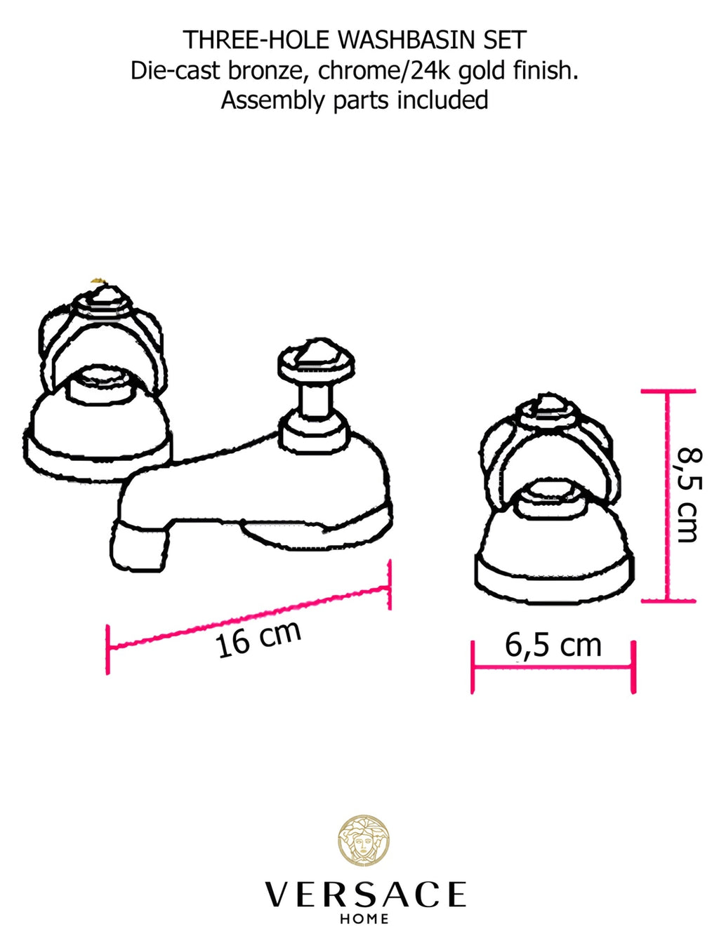 Versace Classic Three Hole Washbasin Faucet Set in Chrome Gold Signature Medusa