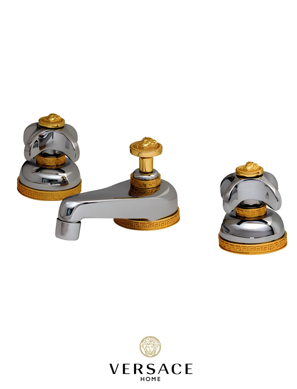 Versace Classic Three Hole Washbasin Faucet Set in Chrome Gold Signature Medusa