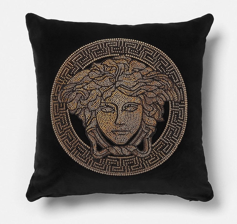 Versace Cushion Pillow in Black Cotton Crystal and Studded Medusa 45cm 17.7"