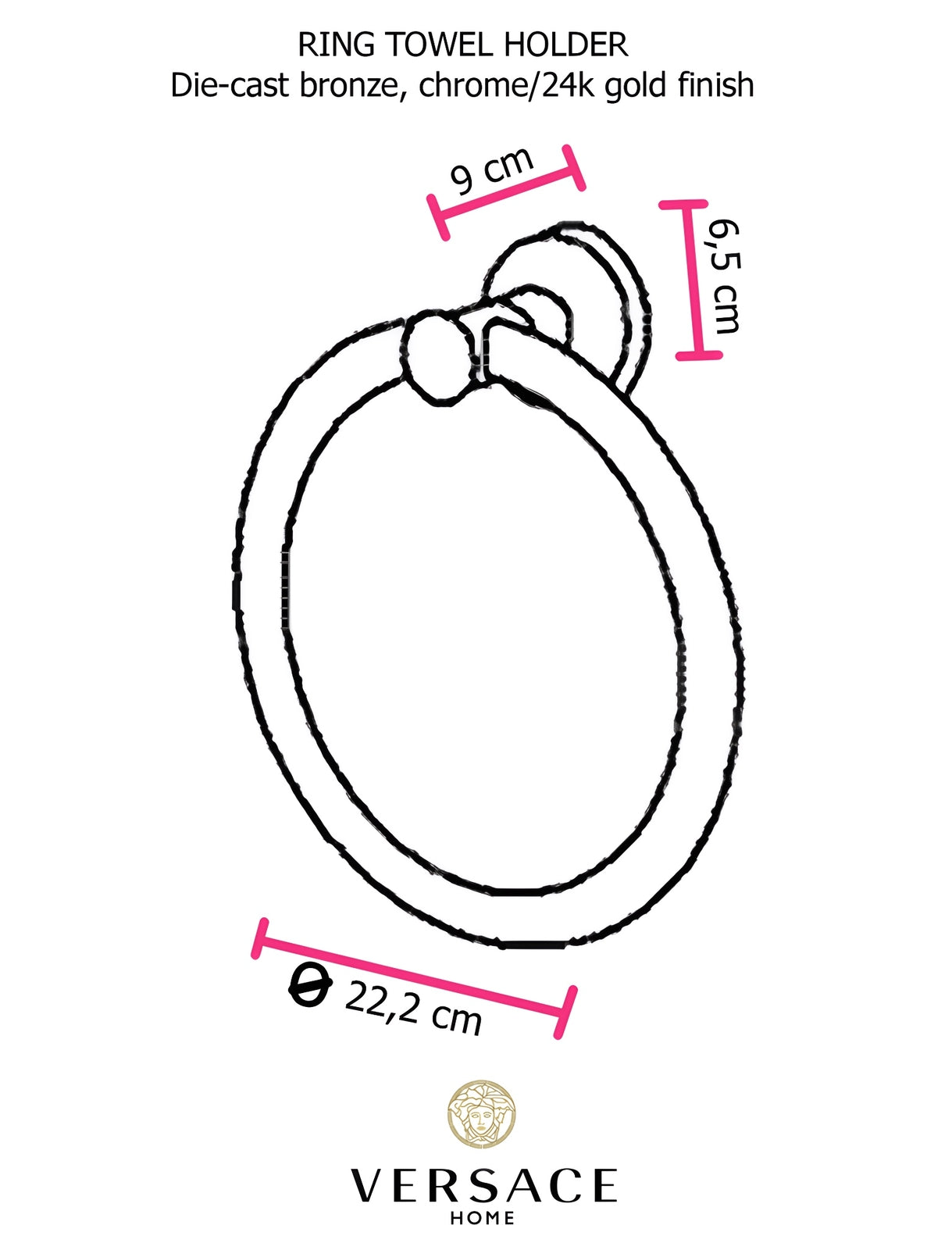 Versace Classic Ring Towel Holder in Chrome Gold Finish Signature Medusa Details