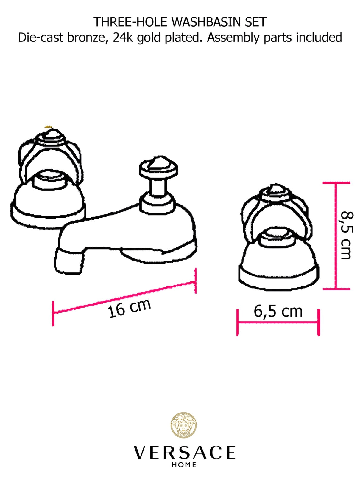 Versace Classic Three Hole Washbasin Set in Gold Finish Signature Medusa Details